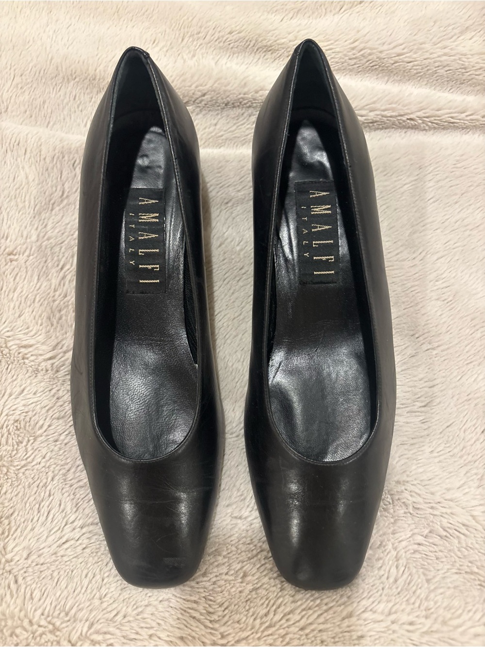VTG Amalfi Italy Black Leather Square Toe Block Heel Pumps Classic Chic 8.5